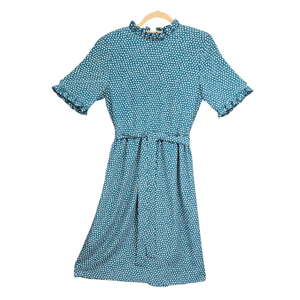 Vintage 70s-80c Ciao Ltd Dress Women Medium? Blue, White‎ Polka Dot Ruffled Neck
